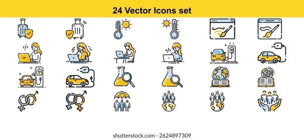 A comprehensive set of 24 diverse vector icons covering travel safety, technology, scientific research, environmental awareness, and social issues. Ideal for websites, apps, and presentations.
