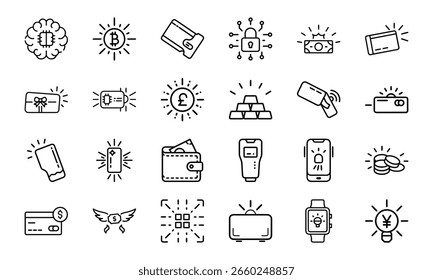 A Comprehensive Set of 24 Finance and Technology Line Icons Featuring Cryptocurrency, Banking, Security, Mobile Payments, and Digital Wallets