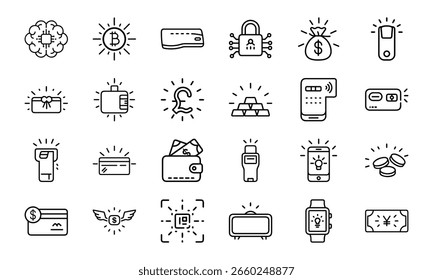 Un conjunto completo de 24 iconos de líneas de finanzas y Tecnología con criptomonedas, banca, seguridad, pagos móviles y billeteras digitales