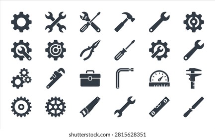 A comprehensive set of 24 flat black vector icons depicting essential construction tools, mechanical gears, and repair equipment for engineering and DIY projects.