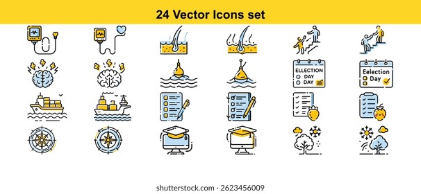 Um conjunto abrangente de 24 ícones vetoriais de alta qualidade cobrindo vários temas, perfeito para sites, aplicativos e apresentações.