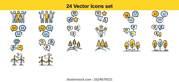 A comprehensive set of 24 high-quality vector icons representing teamwork, positive and negative feedback, nature scenes, and renewable energy. Perfect for websites, apps, and presentations.