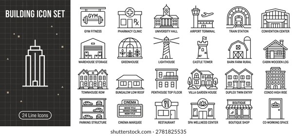 A comprehensive set of 24 line art icons representing various architectural styles and commercial establishments, perfect for digital use