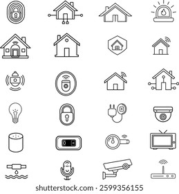 Comprehensive Set of 24 Outline Icons Representing Smart House Technology, Home Automation, IoT Devices, Security Systems, Energy Efficiency, and Modern Living Solutions