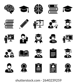 A comprehensive set of 25 black glyph icons representing various aspects of education, knowledge, learning, and academic achievement. The collection includes symbols for the human brain, graduation.