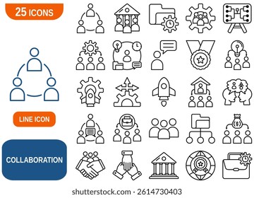 A comprehensive set of 25 collaboration-themed icons, perfect for use in presentations, websites, apps, and various design projects. Includes icons 