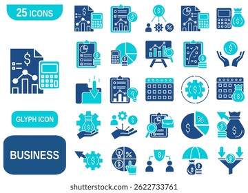 A comprehensive set of 25 glyph icons representing various aspects of business and finance.