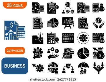 Un conjunto completo de 25 iconos de glifos que representan varios aspectos de los negocios y las finanzas.