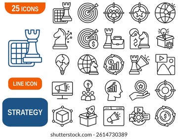 A comprehensive set of 25 icons representing various aspects of business strategy, planning, and decision-making. Ideal for presentations, websites, and marketing materials.