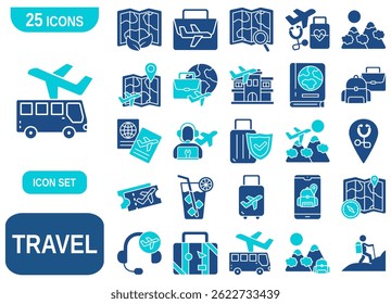 A comprehensive set of 25 icons representing various aspects of travel and tourism.