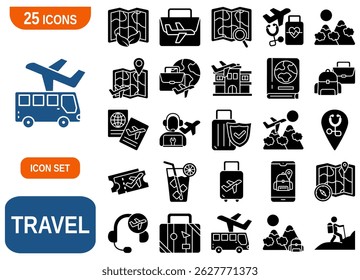 Un conjunto completo de 25 iconos que representan diversos aspectos de los viajes y el turismo.