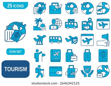 Un conjunto completo de 25 iconos que representan varios aspectos del turismo, los viajes y la aventura. Ideal para Sitios web, aplicaciones móviles, presentaciones,
