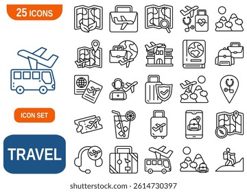 A comprehensive set of 25 icons. This set includes icons related to flights, luggage, maps, passports, destinations, and various travel-related activities and elements.