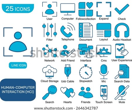 A comprehensive set of 25 vector icons related to Human-Computer Interaction (HCI) concepts.