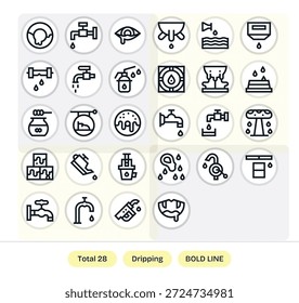Un conjunto completo de 28 iconos de línea en negrita para goteo, optimizados para un trazo y una forma consistentes.