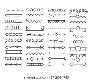 Un completo conjunto de diseños de arte lineal 2D con flechas, bordes y separadores para proyectos creativos