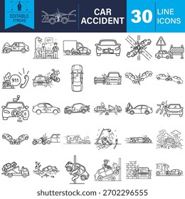Um conjunto abrangente de 30 ícones editáveis da linha de traçado que descrevem vários acidentes de carro, colisões de veículos, acidentes de estrada e incidentes relacionados ao design.