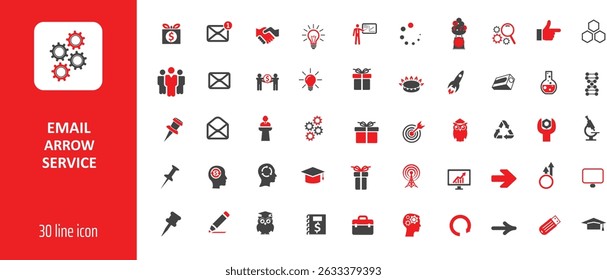 A comprehensive set of 30 meticulously designed line icons, featuring email, arrows, and various business and service symbols.  Perfect for websites, apps, or presentations needing a clean, modern aes