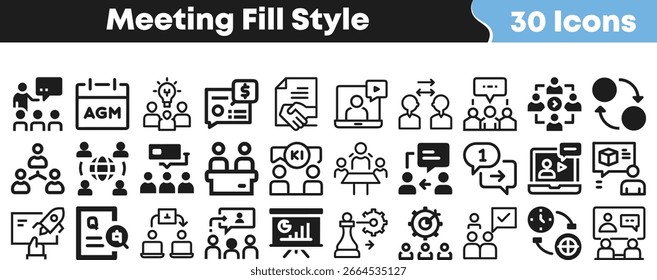A comprehensive set of 30 vector icons in a clean, fill style, illustrating various aspects of business meetings, teamwork, and professional communication.