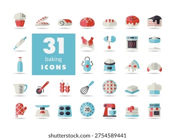 A comprehensive set of 31 flat icons for bakery items and baking tools. Perfect for menus, food blogs, and kitchen-related websites or apps.
