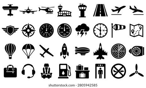 Comprehensive set of 32 black silhouette icons depicting commercial aviation, airport infrastructure, pilot flight instruments, various aircraft types, and air travel safety symbols.