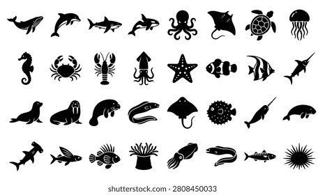 Comprehensive set of 32 black silhouette icons representing diverse marine life, including whales, sharks, dolphins, turtles, octopuses, crabs, and tropical fish on a white background.