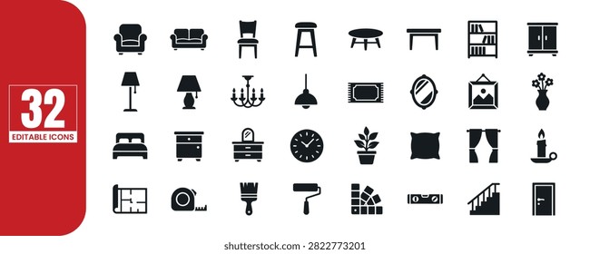 A comprehensive set of 32 black silhouette icons representing various home furniture and interior design elements, provided in a fully editable vector format for professional graphic design projects.