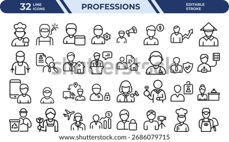 A comprehensive set of 32 professional icons, each depicting a different career or job, presented in a clean line art style on a white background.
