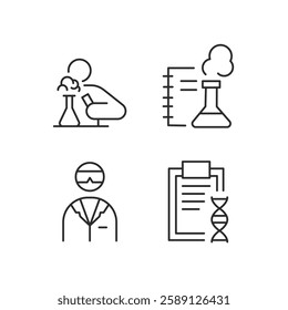 A comprehensive set of 4 chemistry laboratory icons representing scientific tools and processes used in chemical research and experiments, ideal for educational communication. Vector illustration