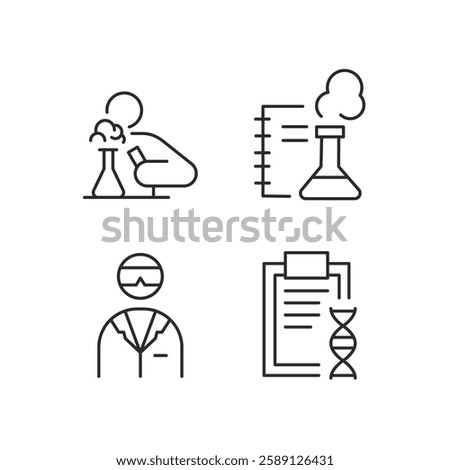 A comprehensive set of 4 chemistry laboratory icons representing scientific tools and processes used in chemical research and experiments, ideal for educational communication. Vector illustration
