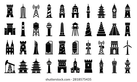 Comprehensive set of 40 black silhouette tower icons including lighthouses, radio masts, skyscrapers, pagodas, clock towers, castle turrets, silos, windmills, and religious monuments isolated on white.