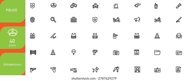 A comprehensive set of 40 linear police icons covering investigation, patrol, equipment, and emergency services for design projects.