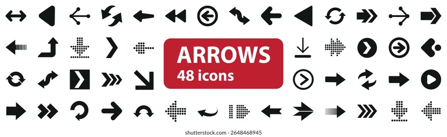 A comprehensive set of 48 vector arrow icons featuring minimalist design. Includes arrows pointing in multiple directions, styles, and shapes suitable for UI, web, and graphic design projects.