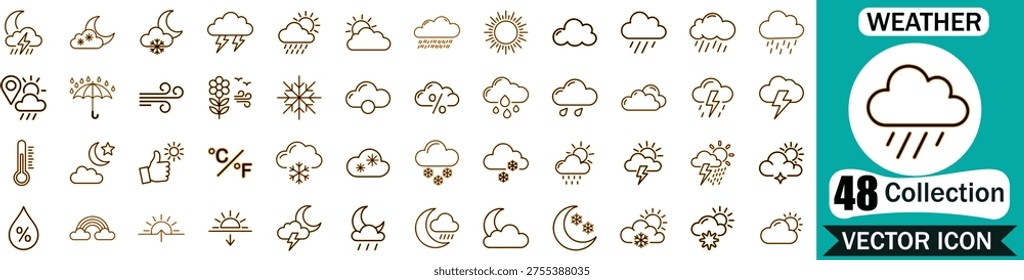 Comprehensive Set of 48 Weather Icons Featuring Clouds Sun Rain Snow Wind and Storm Symbols for Professional Meteorological Applications and Digital Interface Design Elements