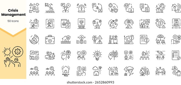 A comprehensive set of 50 crisis management icons featuring various emergency scenarios, from natural disasters to communication tools, designed in a minimalist style.