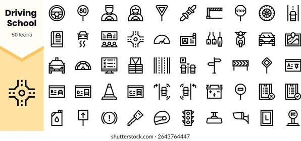 A comprehensive set of 50 icons illustrating various aspects of driving school, including traffic signs, vehicles, and learning materials, designed in a minimalist style.