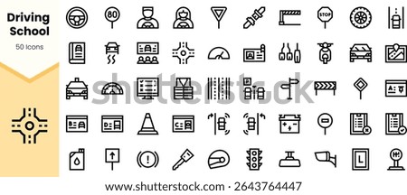 A comprehensive set of 50 icons illustrating various aspects of driving school, including traffic signs, vehicles, and learning materials, designed in a minimalist style.