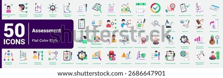 A comprehensive set of 50 icons on all things assessment from simple tests to complex evaluations, for professional, educational, or strategic use. Flat Color style.