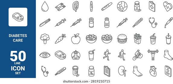 A comprehensive set of 50 isometric line icons related to diabetes care, including monitoring tools, medication, healthy food, and lifestyle, isolated on white background.