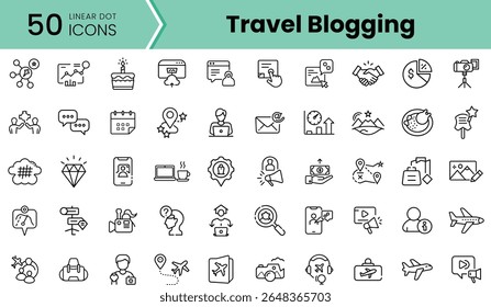 Um conjunto abrangente de 50 ícones de pontos lineares representando vários aspectos da blogagem de viagens, destacados em preto sobre um fundo azul-petróleo vibrante, perfeito para entusiastas de viagens.