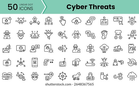 Um conjunto abrangente de 50 ícones de pontos lineares representando várias ameaças cibernéticas, incluindo malware, phishing e violações de dados, projetado para conscientização sobre segurança cibernética.