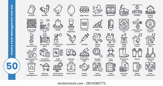 A comprehensive set of 50 linear icons for poultry farm management. Includes elements such as chicken, egg, incubator, layer cage, feeder, water dispenser, vaccination, quality control, farm worker, and solar power, essential for agricultural operations.