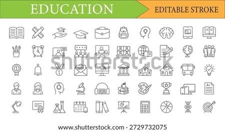 A comprehensive set of 50 thin line education icons covering school, university, science, and online learning. Fully editable stroke for customization.
