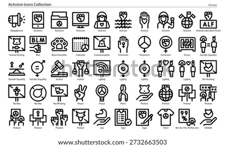A comprehensive set of 50+ vector icons representing social activism, protest movements, human rights, environmental causes, and community organizing. Includes symbols for equality, justice, protest signs, megaphones, voting, petitions, and collective action in a cohesive flat design style.