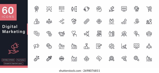 A comprehensive set of 60 line icons for digital marketing concepts, featuring editable strokes and pixel-perfect design. Ideal for websites, apps, presentations