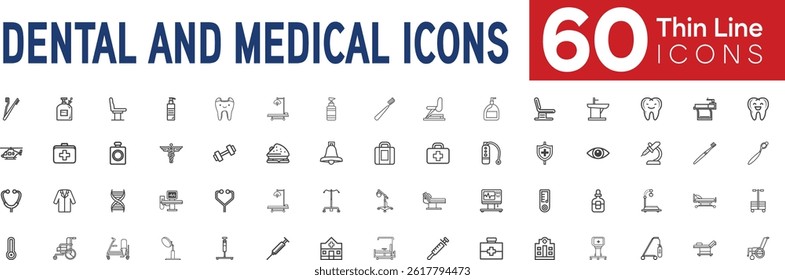 Comprehensive Set of 60 Modern Thin Line Web Icons for Dental Care, Medical Services, Healthcare, and Dentistry. Professional Vector Illustration with Editable Stroke