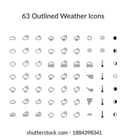 Comprehensive set of 63 outlined Weather Icons. Rain, snow, dry, tide, temperature, sunset, sunrise and moon phases.