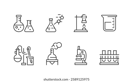 A comprehensive set of 8 chemistry laboratory icons representing scientific tools and processes used in chemical research and experiments, ideal for educational communication. Vector illustration