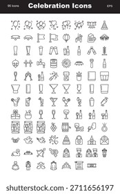 Ein umfangreiches Set von 95 minimalistischen schwarzen Umrisssymbolen für Feiern, Partys, Veranstaltungen und Hochzeitsthemen.