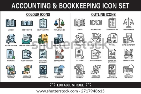 A comprehensive set of accounting and bookkeeping icons featuring both color and outline styles. Includes 16 key financial concepts such as ledger, journal entry, trial balance, reconciliation, payroll, tax filing, and accounting software. Designed for use in presentations, educational materials, financial dashboards, and UI, UX interfaces. All icons are vector-based with editable strokes for easy customization. Ideal for accountants, educators, developers, and finance professionals.